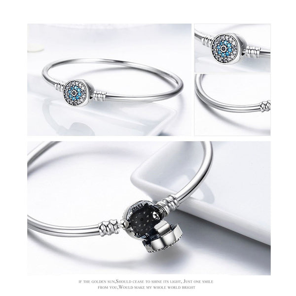 Solid 925 Sterling Silver Snap Clasp Blue Evil Eye Bangle Bracelet Fits Pandora Charms