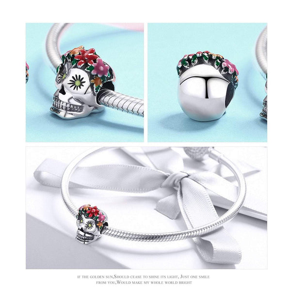 925 Sterling Silver Skull With Flower Garland Bead Charm Fits Pandora Charm Bracelet Pendant