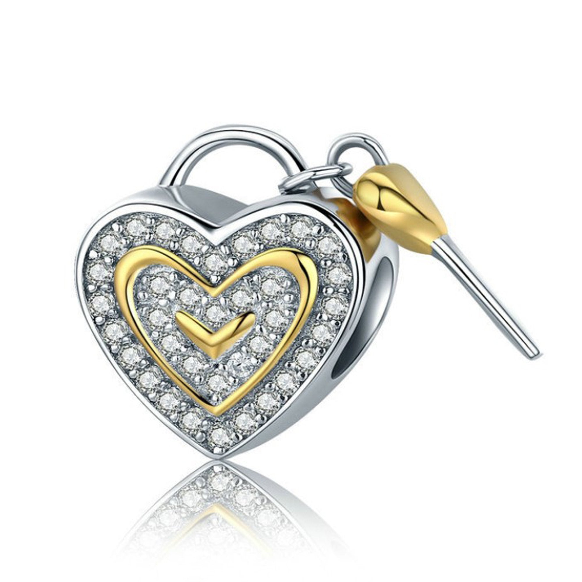 925 Sterling Silver Gold Heart And Key Bead Charm Fits Pandora Charm Bracelet Pendant