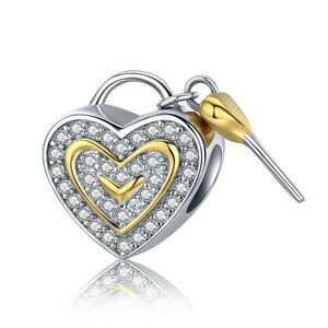 925 Sterling Silver Gold Heart And Key Bead Charm Fits Pandora Charm Bracelet Pendant