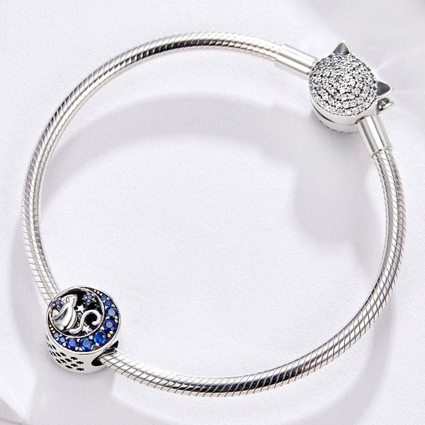 925 Sterling Silver Cat On The Blue Moon Charm Bead Fits Pandora Charm Bracelet Pendant