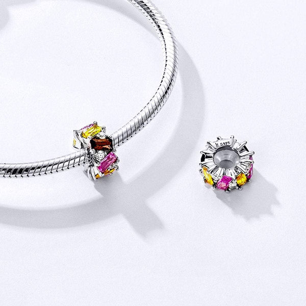 925 Sterling Silver Pink and Yellow Zircon Charm Bead Fits Pandora Charm Bracelet Pendant