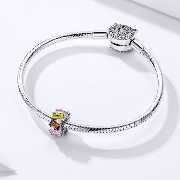 925 Sterling Silver Pink and Yellow Zircon Charm Bead Fits Pandora Charm Bracelet Pendant