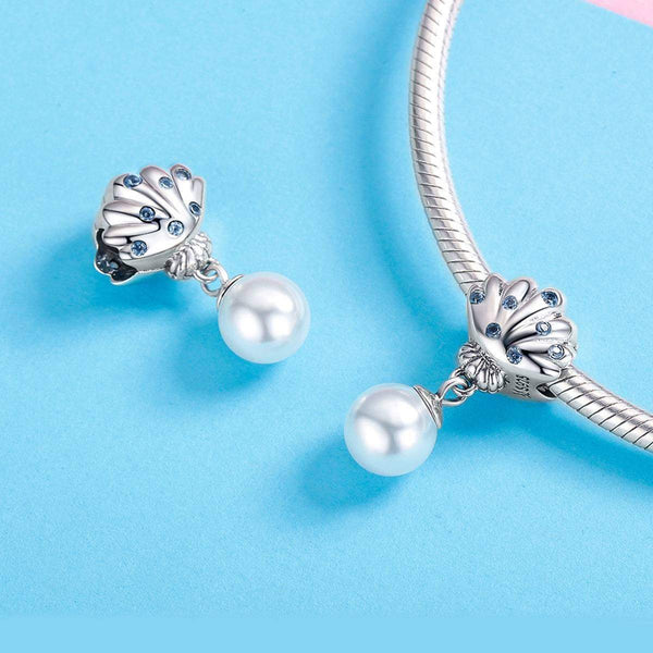 925 Sterling Silver Seashell with  Pearl Charm Bead Fits Pandora Charm Bracelet Pendant