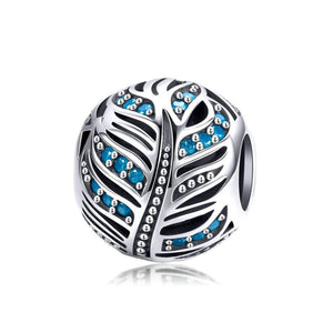 925 Sterling Silver Blue Vintage Feather Charm Bead Fits Pandora Charm Bracelet Pendant