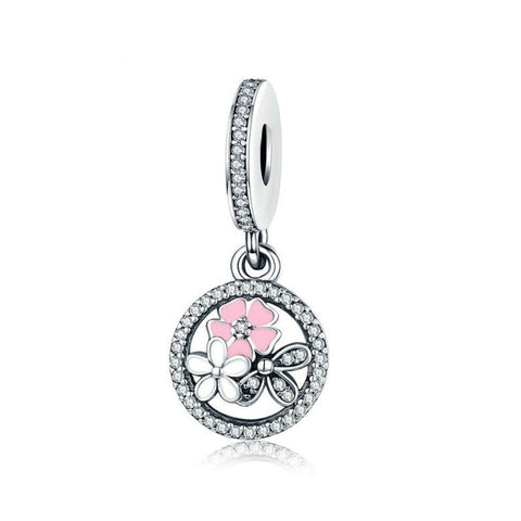 925 Sterling Silver Pink Flower Charm Bead Fits Pandora Charm Bracelet Pendant