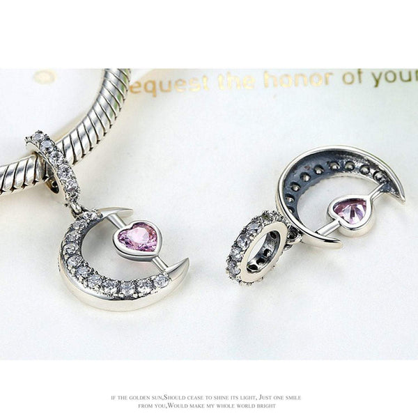 925 Sterling Silver Pink Heart In the Moon Charm Bead Fits Pandora Charm Bracelet Pendant