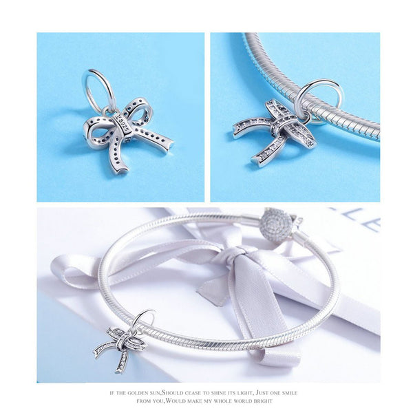 925 Sterling Silver Zircon Bow Knot Charm Fits Pandora Charm Bracelet Pendant