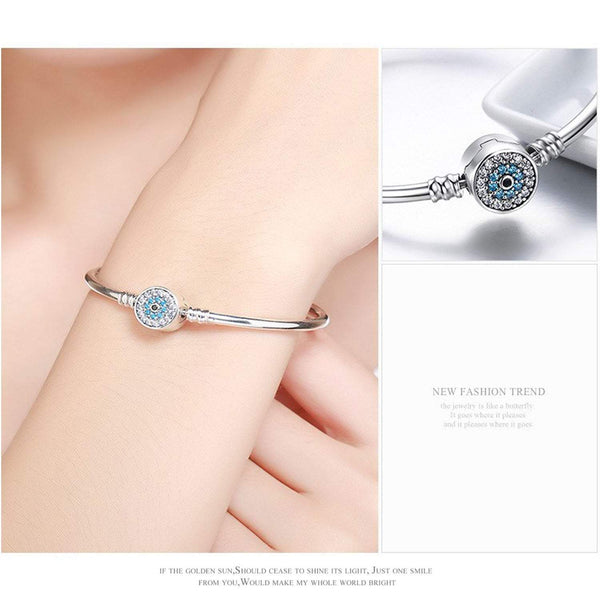Solid 925 Sterling Silver Snap Clasp Blue Evil Eye Bangle Bracelet Fits Pandora Charms