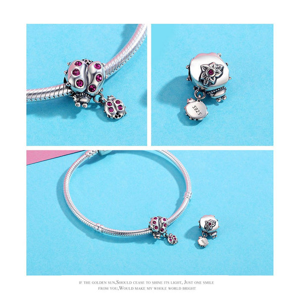 925 Sterling Silver Pink Ladybug Bead Charm Fits Pandora Charm Bracelet Pendant