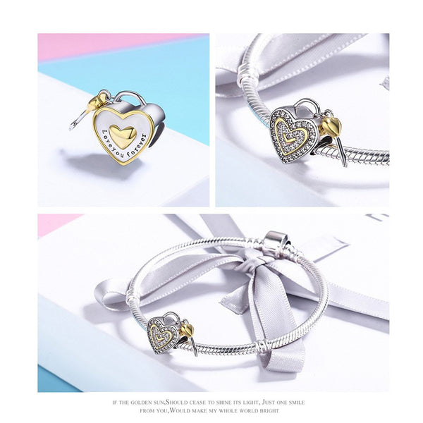 925 Sterling Silver Gold Heart And Key Bead Charm Fits Pandora Charm Bracelet Pendant