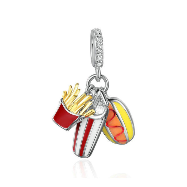 925 Sterling Silver Burger And Chips Bead Charm Fits Pandora Charm Bracelet Pendant