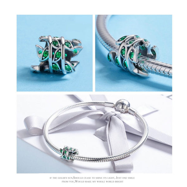 Solid 925 Sterling Silver Green Leaf Bead Charm For Bracelet Pendant